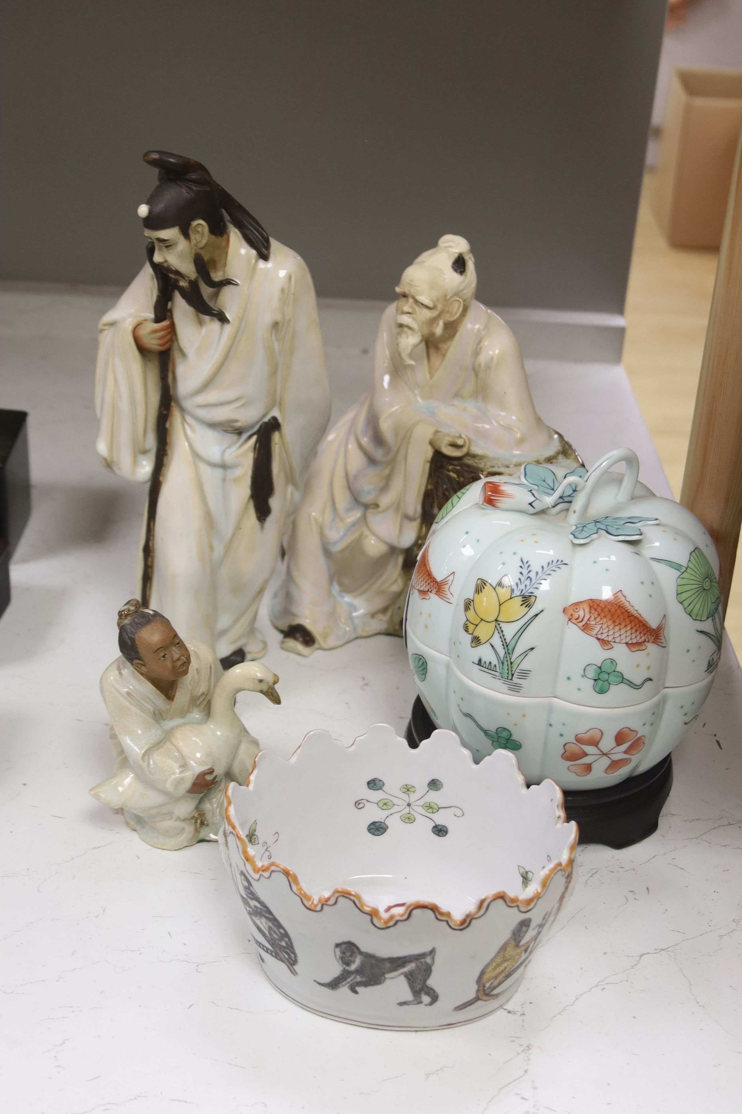 Three Chinese 20th century Shiwan glazed stoneware figures, porcelain boxes and sundries, tallest 32cm